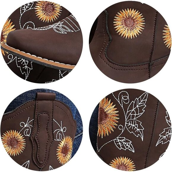 Cowboy Boots for Women Cowgirl Western Boot Sunflower Embroidery Square Toe Heel - Picture 3 of 6